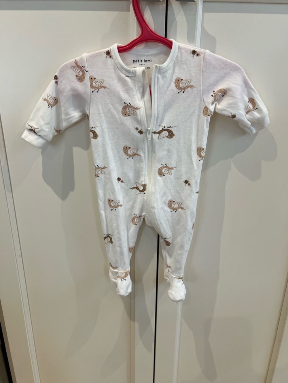 Petit Lem newborn White Footed One-Piece with Brown Bird Print